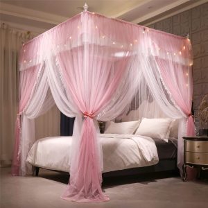 2-in-1 Double Protection Princess 4 Corner Post Bed Mosquito Net Blackout and Bed Curtains Canopy Privacy Protection