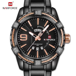 NAVIFORCE Mens Watch Gold Luxury Sport Waterproof Military Wristwatch Business Casual Stainless Steel Watches for Men NF9117S