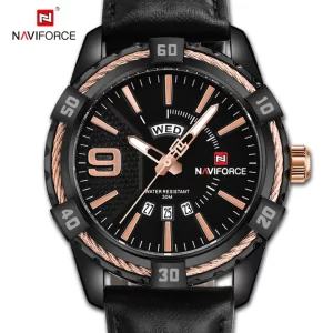 NAVIFORCE Mens Watch Gold Luxury Sport Waterproof Military WristWatch Business Casual Leather Strap Watches for Men NF9117L