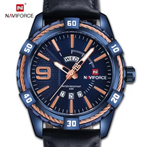 NAVIFORCE Mens Watch Gold Luxury Sport Waterproof Military WristWatch Business Casual Leather Strap Watches for Men NF9117L