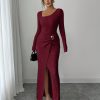 European and American 2025 Autumn and Winter New Style Irregular Neckline Solid Color Knitted Texture Long Dress for Women (Copy)