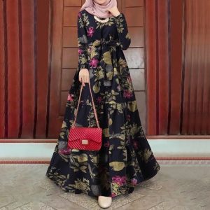 Spot 2024 Cross-Border Aliexpress Muslim Street Fashion Long-Sleeved Round Neck Printed Elegant Loose Dress