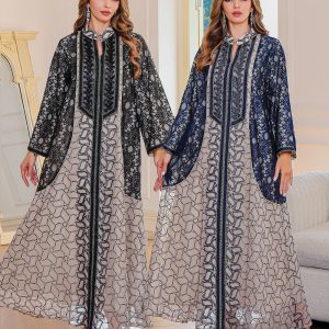 Spot New Heavy-Duty Mesh Embroider Robe Middle Eastern Clothing Xinjiang Oman Festival Abaya Muslim Women's Clothing