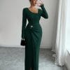 European and American 2025 Autumn and Winter New Style Irregular Neckline Solid Color Knitted Texture Long Dress for Women