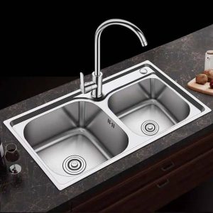 Thickened 304 Stainless Steel Sink Set with Knife Holder Brushed Double Sink Kitchen Sink Sink Large Double Basin. Flagship package (including a complete set of hot and cold faucets) - thickened 80x43