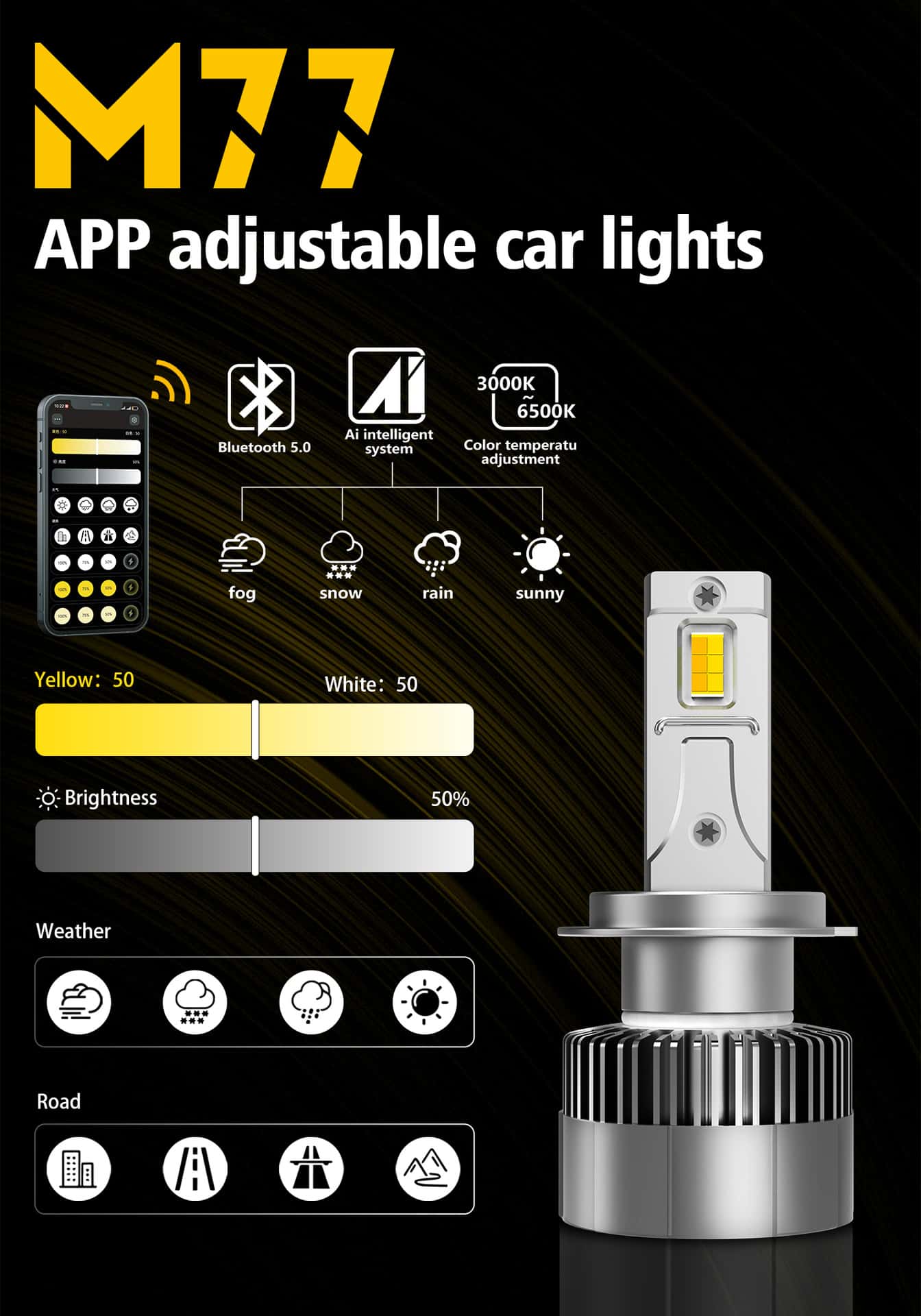 New M77 Mobile App to Adjust Color Temperature Car Led Headlights Double Copper Tube High Brightness Led Car Lights Fog Lights - Image 2