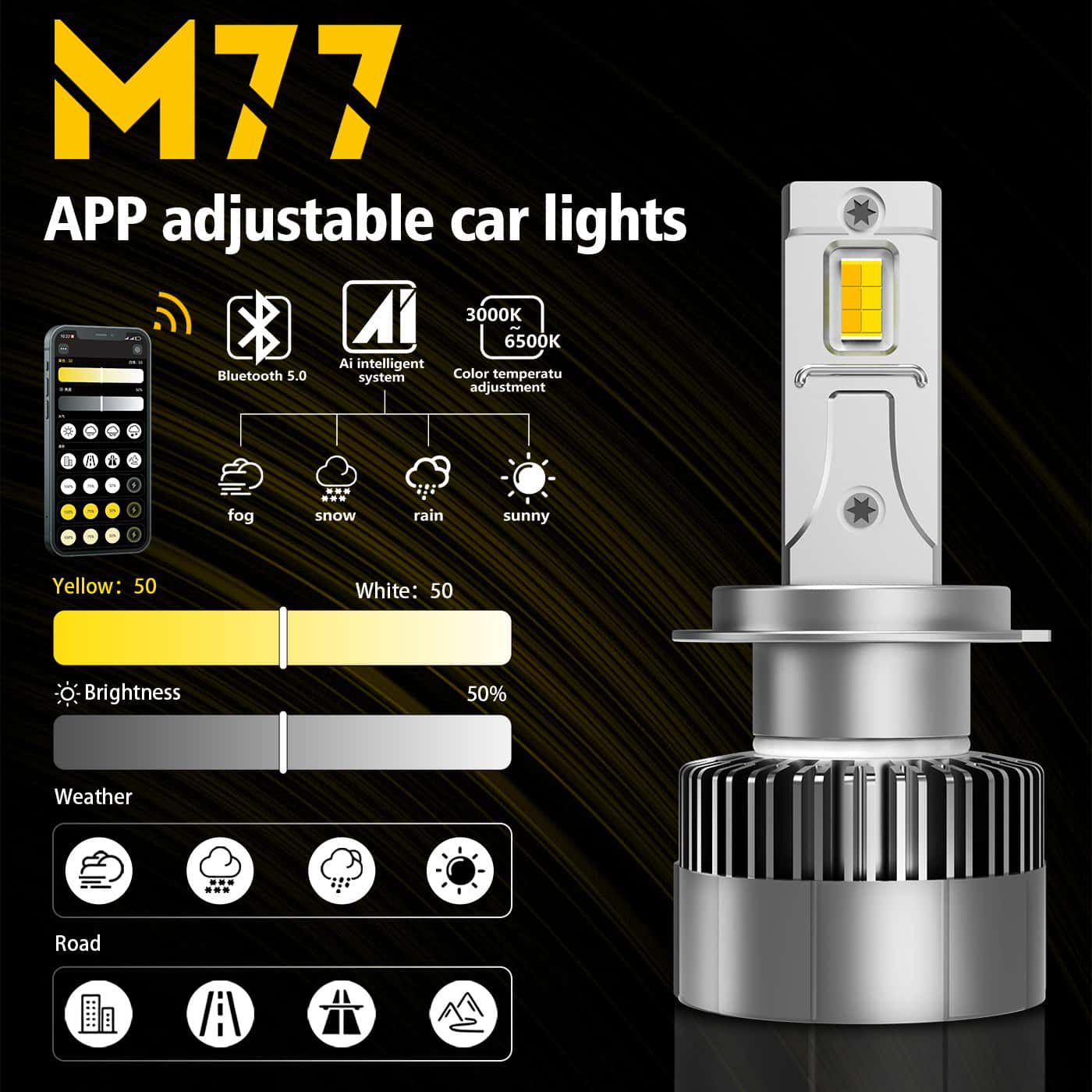 New M77 Mobile App to Adjust Color Temperature Car Led Headlights Double Copper Tube High Brightness Led Car Lights Fog Lights - Image 4