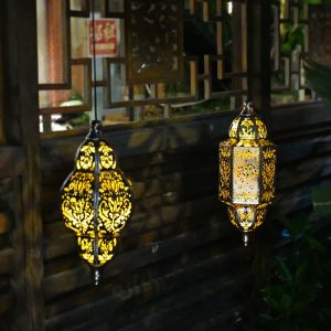 Chandelier Solar Outdoor Hollow Projection Iron Art Baroque Hollow Lamp Courtyard Waterproof Moroccan Hanging Lamp