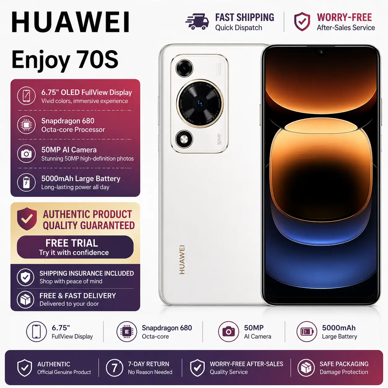 Huawei Enjoy 70S mobile phone with 6.75-inch eye-protection screen, 6000mAh battery, HarmonyOS, and Huawei Enjoy 70