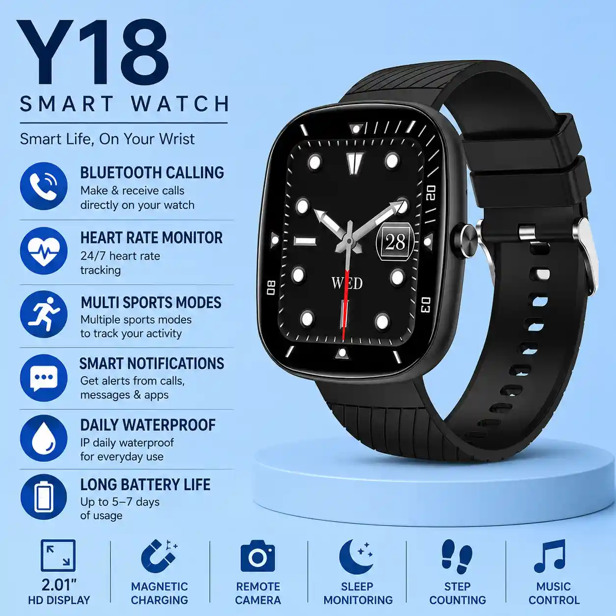 Y18 Smartwatch with Bluetooth Calling, Long Lasting Battery